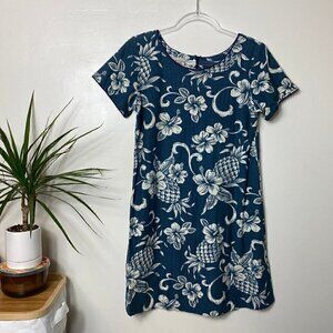 Island Vintage Blue Ivory Hawaiian Tropical Print Short Sleeve Mini Dress